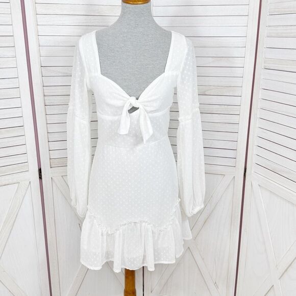 Hello Molly Clip Polka Dot Chiffon Mini Dress White Small Bishop Sleeve - Picture 2 of 13